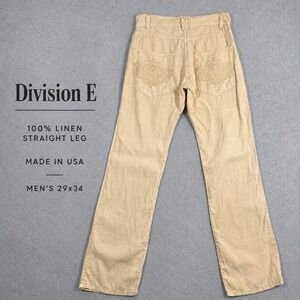 Division E Mens 29x34 Tan Beige 100% Linen Straight Leg Embroidered Pants USA
